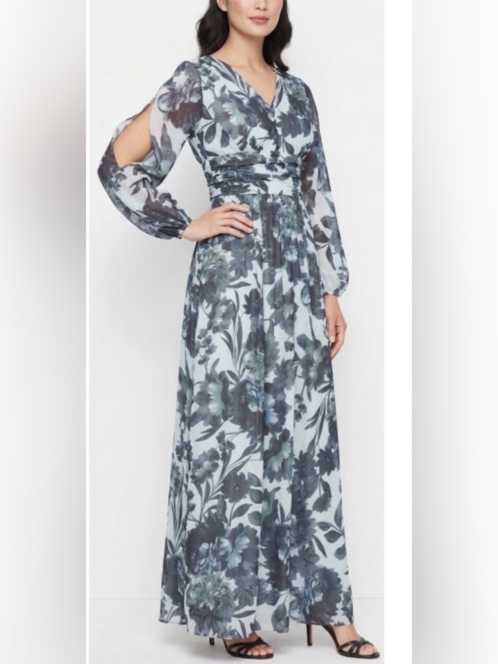 New SLNY Dress Women’s Plus Size 20W Blue Floral Lurex Chiffon Maxi Gown Formal